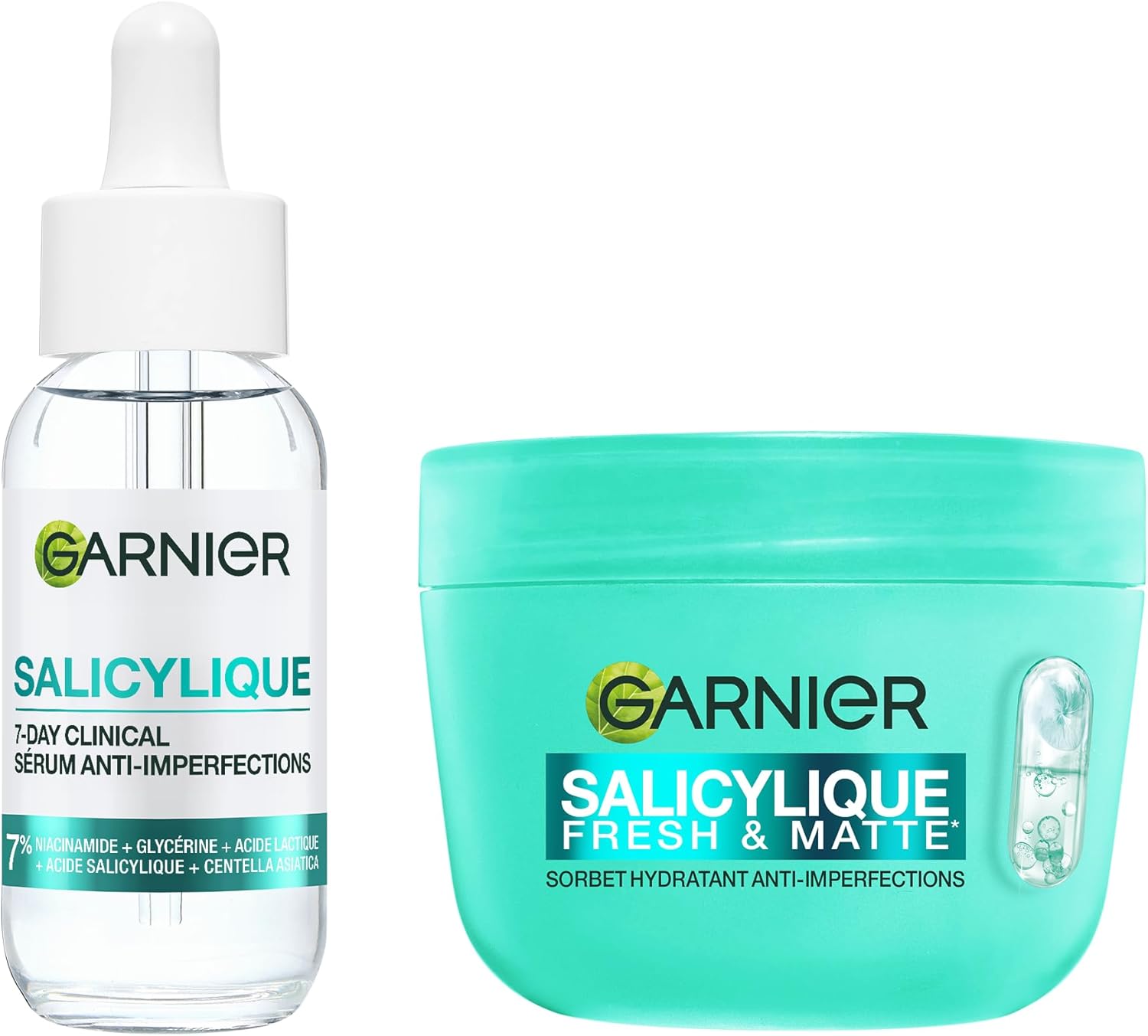 Routine SkinActive Garnier Salicylique Anti-Imperfections : Crème Sorbet Fresh & Matte 85 ml + Sérum Acide Salicylique & Niacinamide 30 ml