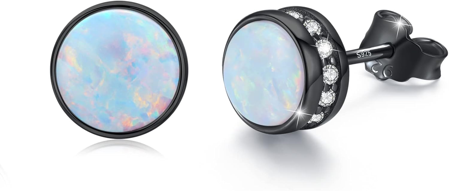 Detalle de Opal-Ohrstecker 7 mm aus 925 Sterling Silber – hypoallergen, milchiges Hellblau Opal mit Zirkonia