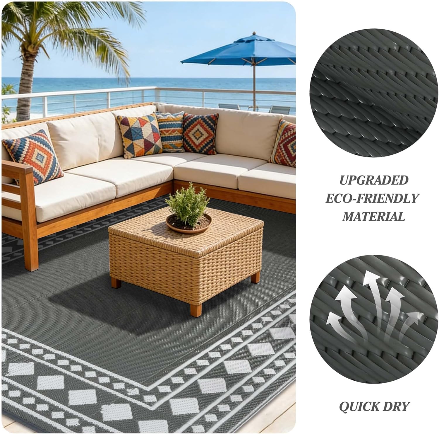 Thumbnail 6 de Homcomodar 180x270cm Waterproof Outdoor Rug (Grey) – Reversible UV-Resistant Plastic Patio Mat