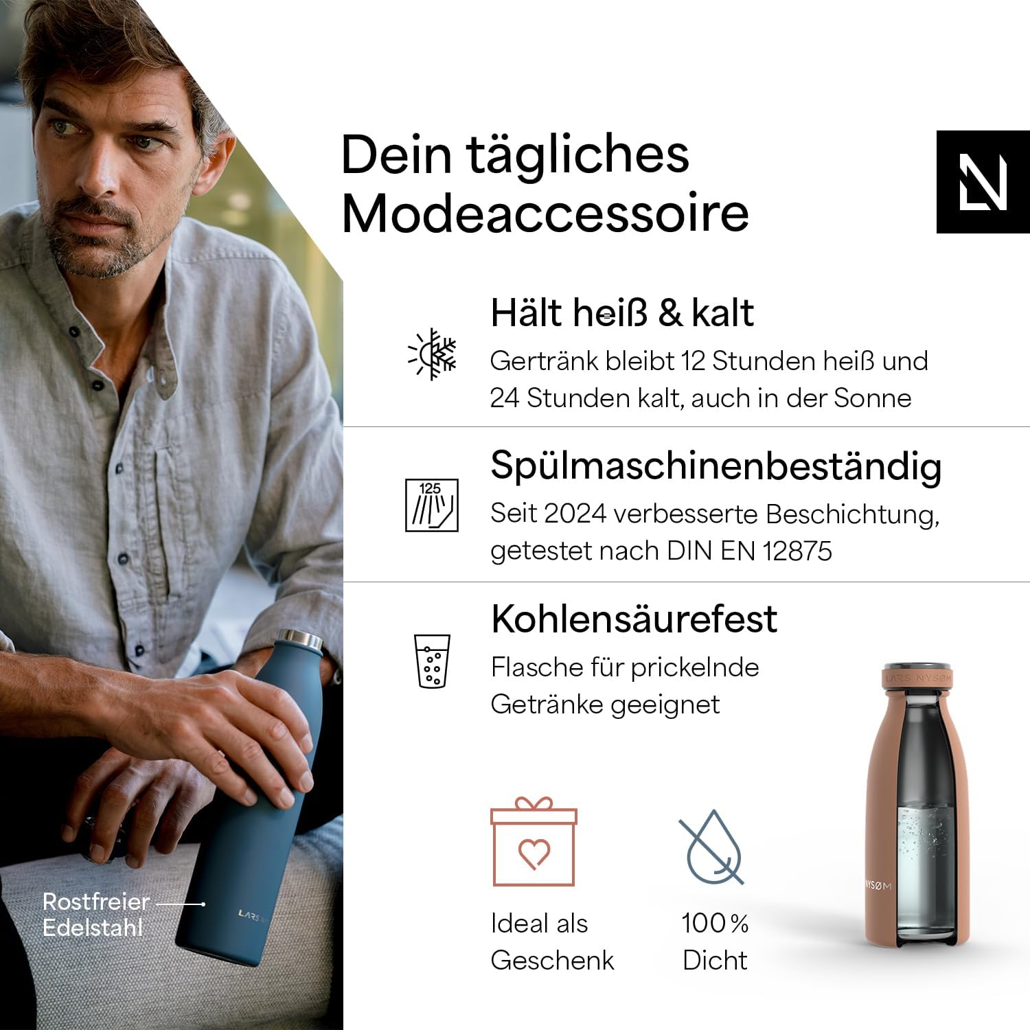 Thumbnail 1 de LARS NYSØM Edelstahl Trinkflasche – 350 ml bis 1 l, auslaufsicher und vakuumisoliert