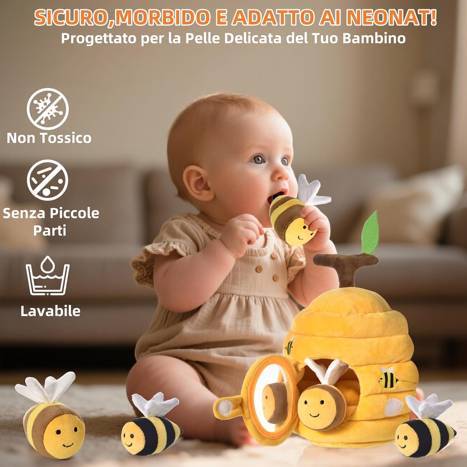 Detalle de VORENUS Giochi Neonato 6-12 mesi: alveare sensoriale morbido con 5 api (sonagli, crinkle e specchietto)
