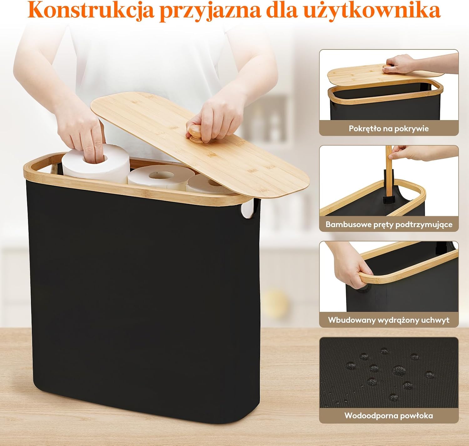 Detalle 2 de Lifewit 23225 kosz na papier toaletowy 30 l, na 12 rolek, z bambusową pokrywą