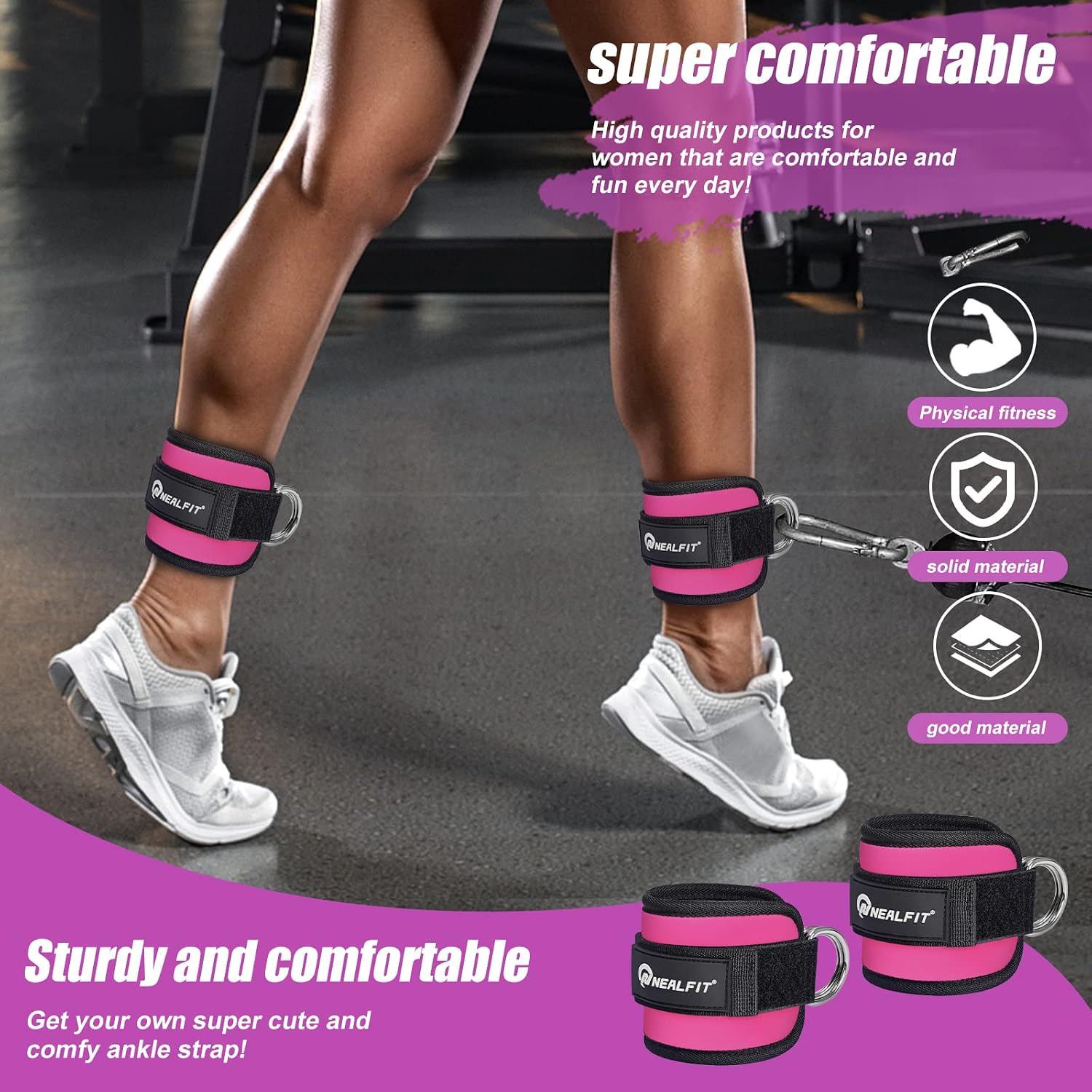 Thumbnail 6 de NEALFIT Ankle Straps for Cable Machines, Pink 7 mm Neoprene Pair