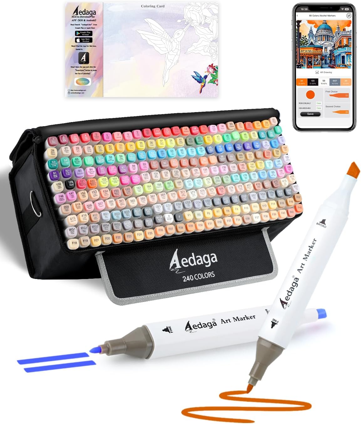 Detalle de AEDAGA 240 Colours Alcohol Markers with Free App (chisel & fine tips) + kickstand case