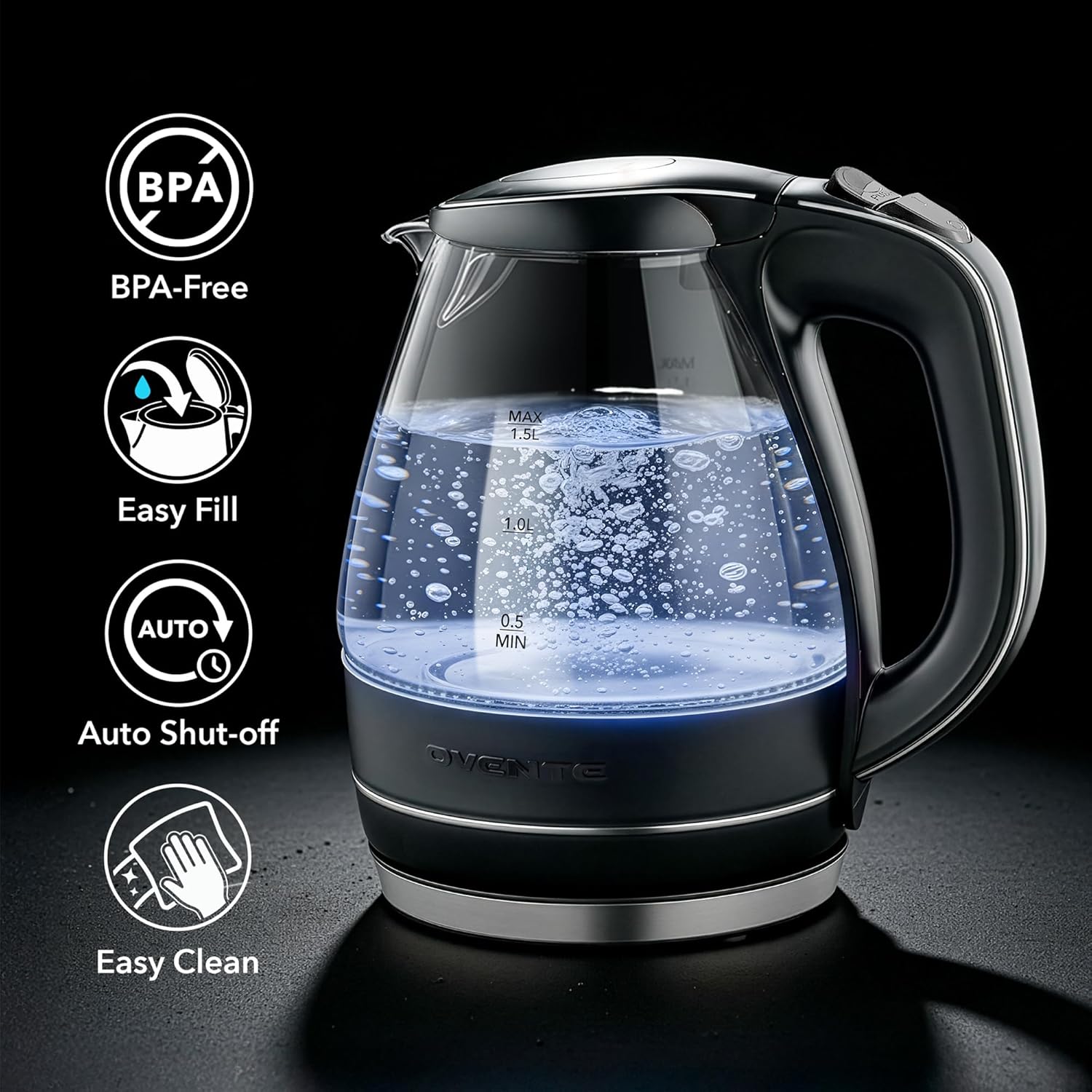 Thumbnail 1 de OVENTE KG83B Electric Kettle (1.5L) Borosilicate Glass Countertop Water Heater for Coffee or Tea