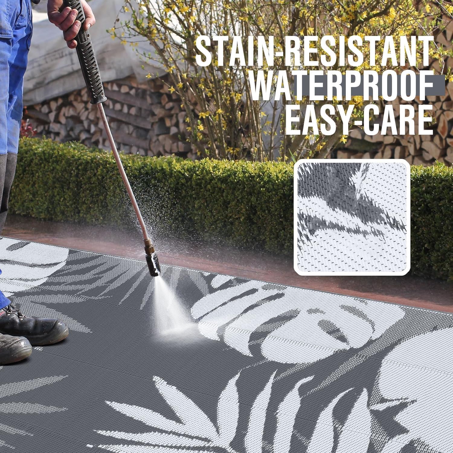 Thumbnail 1 de Homaxy Outdoor Teppich wetterfest aus Kunststoffstroh, faltbar & waschbar (240 x 300 cm) – weiß/grau, wendbar