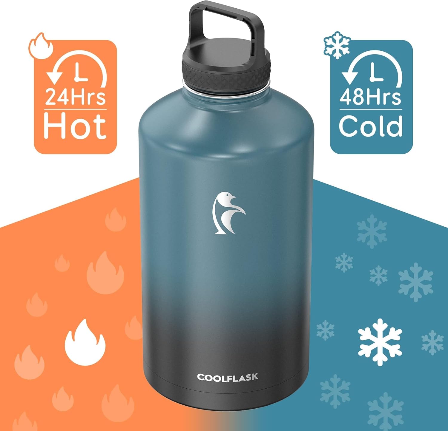 Thumbnail 2 de Coolflask 128 oz Gallon Water Bottle Insulated with Straw & 3 Lids, Stainless Steel Vacuum Jug (Samurai Cyan)