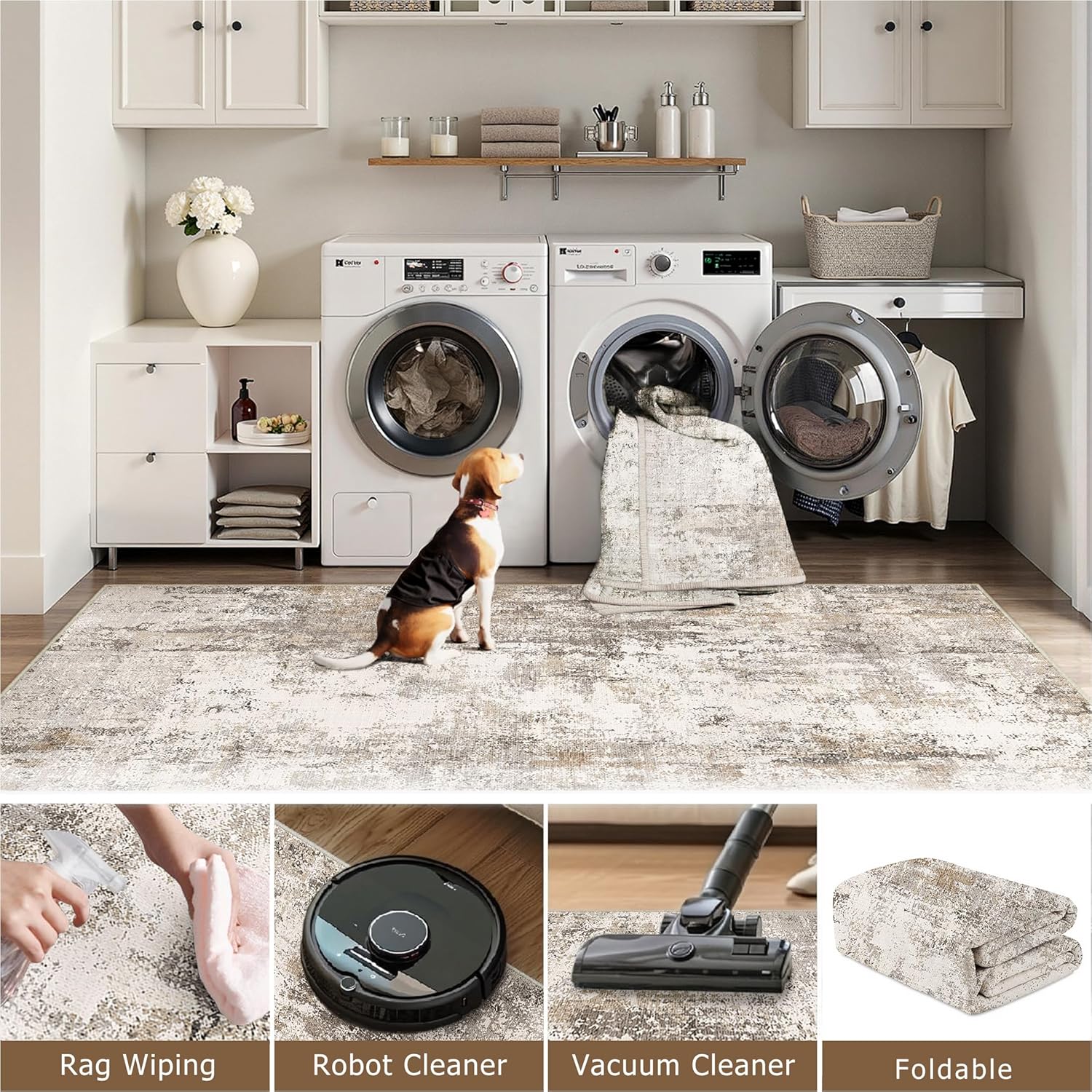 Thumbnail 4 de HUGEAR washable rug 90x150cm in grey/brown abstract design with non-slip TPR backing