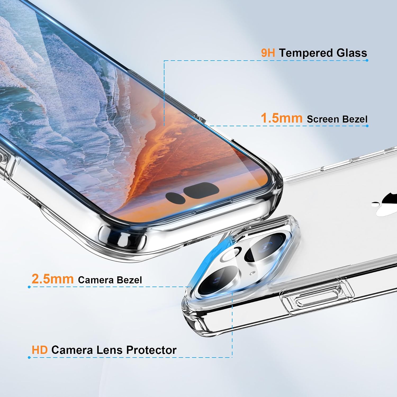 Detalle de ORETECH Cover per iPhone 15: custodia ibrida trasparente 6,1" + vetro temperato e protezione fotocamera