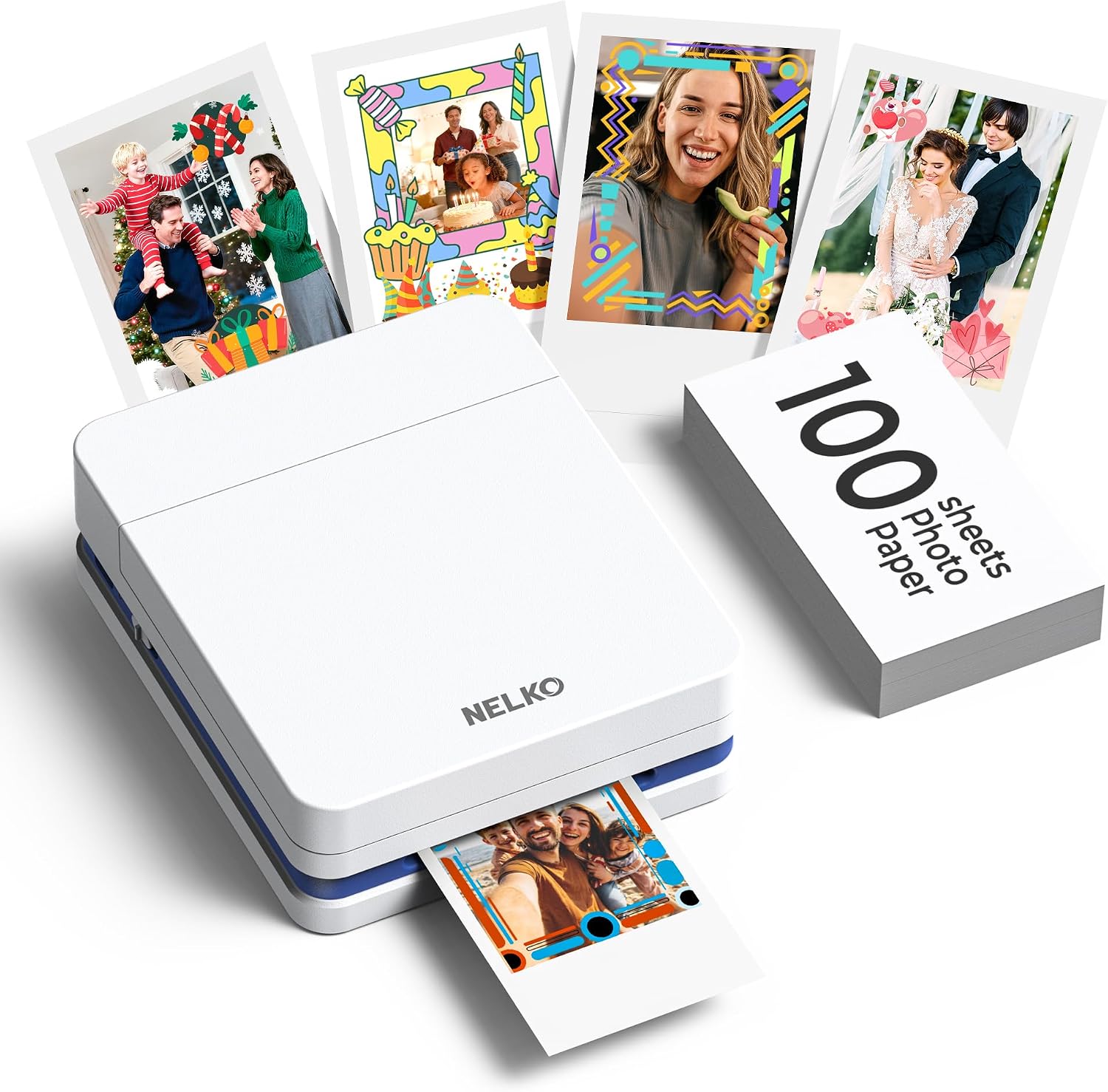 Nelko PP01 Tragbarer Fotodrucker – 100 Blatt, Klebe-Papier, Bluetooth & App, Taschenformat