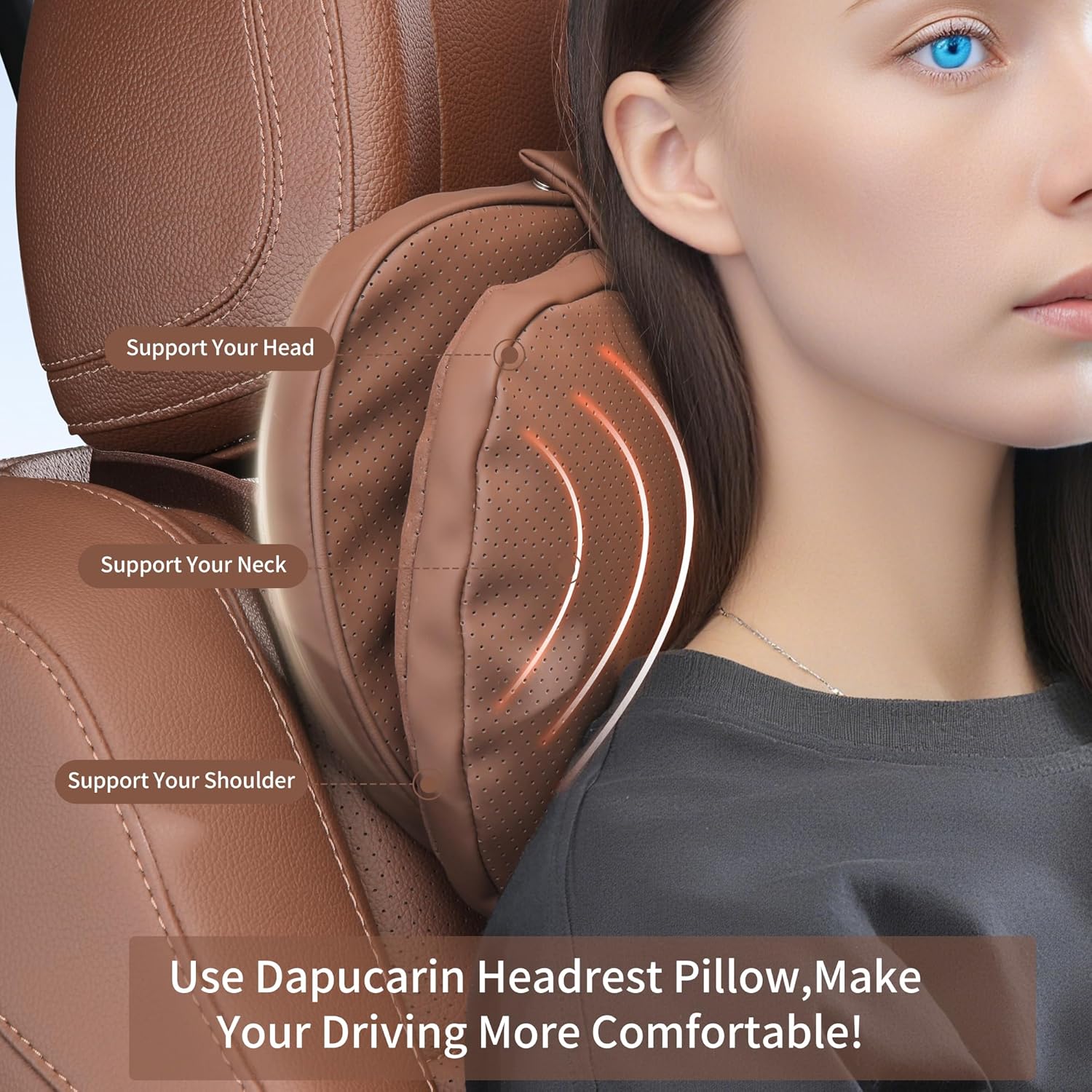 Detalle de Dapucarin Car Headrest Pillow: Dual-Sided Leather & Microfibre Neck Support