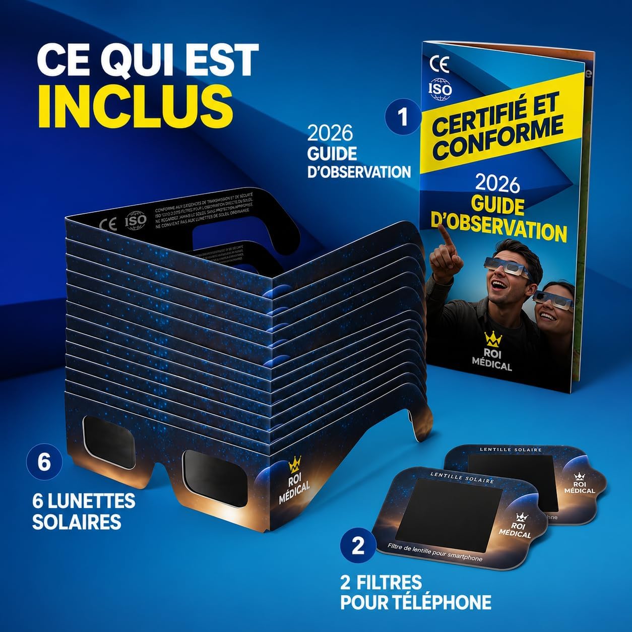 Detalle de Lunettes Eclipse Solaire 2026 – Lot de 6 Paires Premium avec 2 Filtres pour Smartphone