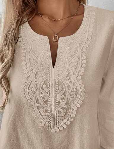 Thumbnail 4 de Rapbin Women's Tops 3/4 Sleeve Cotton Linen V-Neck Boho Lace Blouse