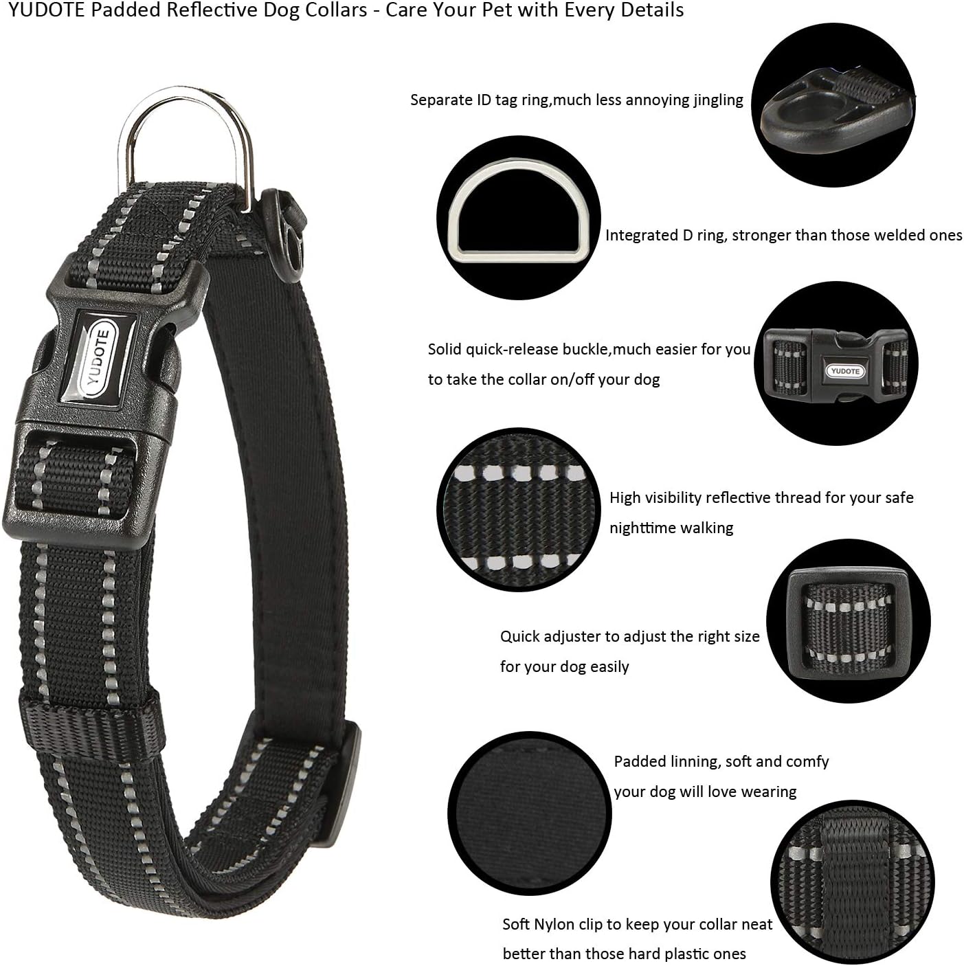 Detalle de YUDOTE Reflective Adjustable Nylon Dog Collar with Soft Neoprene Padding – Reflective, Suitable for Puppies and Small Dogs (Black)