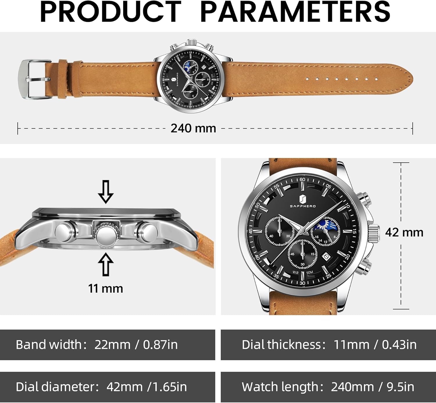 Thumbnail 4 de BENYAR BY Herrenuhr: Chronograph, Wasserdicht bis 30 m, Lederarmband, Edelstahlgehäuse