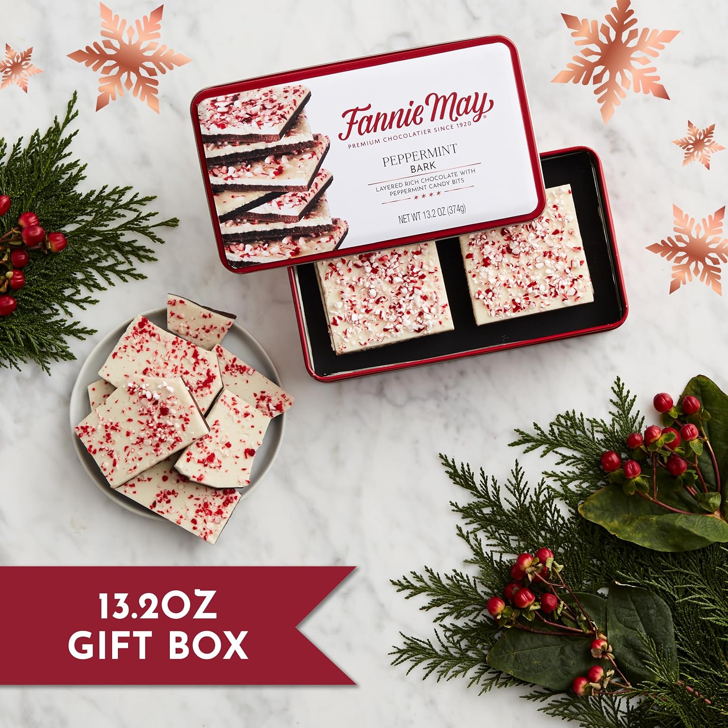 Detalle de Fannie May Peppermint Bark, 13.2 oz Dark Chocolate Holiday Gift Tin