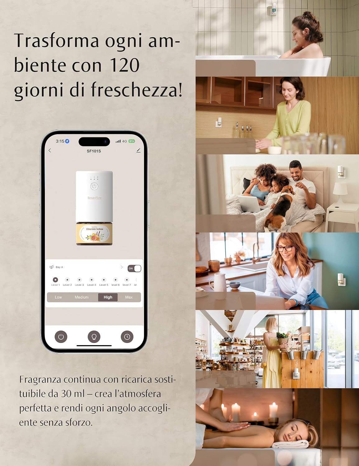 Detalle de SenseFlow Diffusore di Oli Essenziali Wi-Fi SF101S – Profuma la casa con PureMist, 93 m², aghi di pino