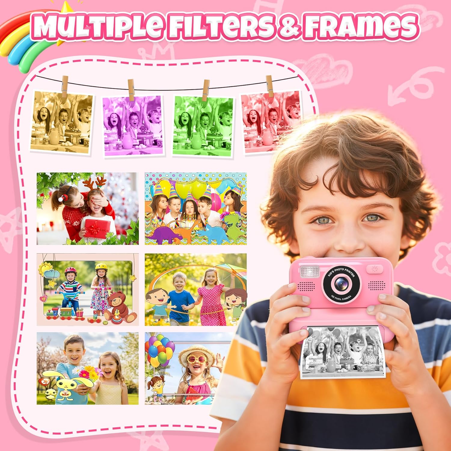 Detalle de Gontence Appareil Photo Instantané Enfants – Caméra multi-fonctions rose, 32 Go + 3 rouleaux d'impression