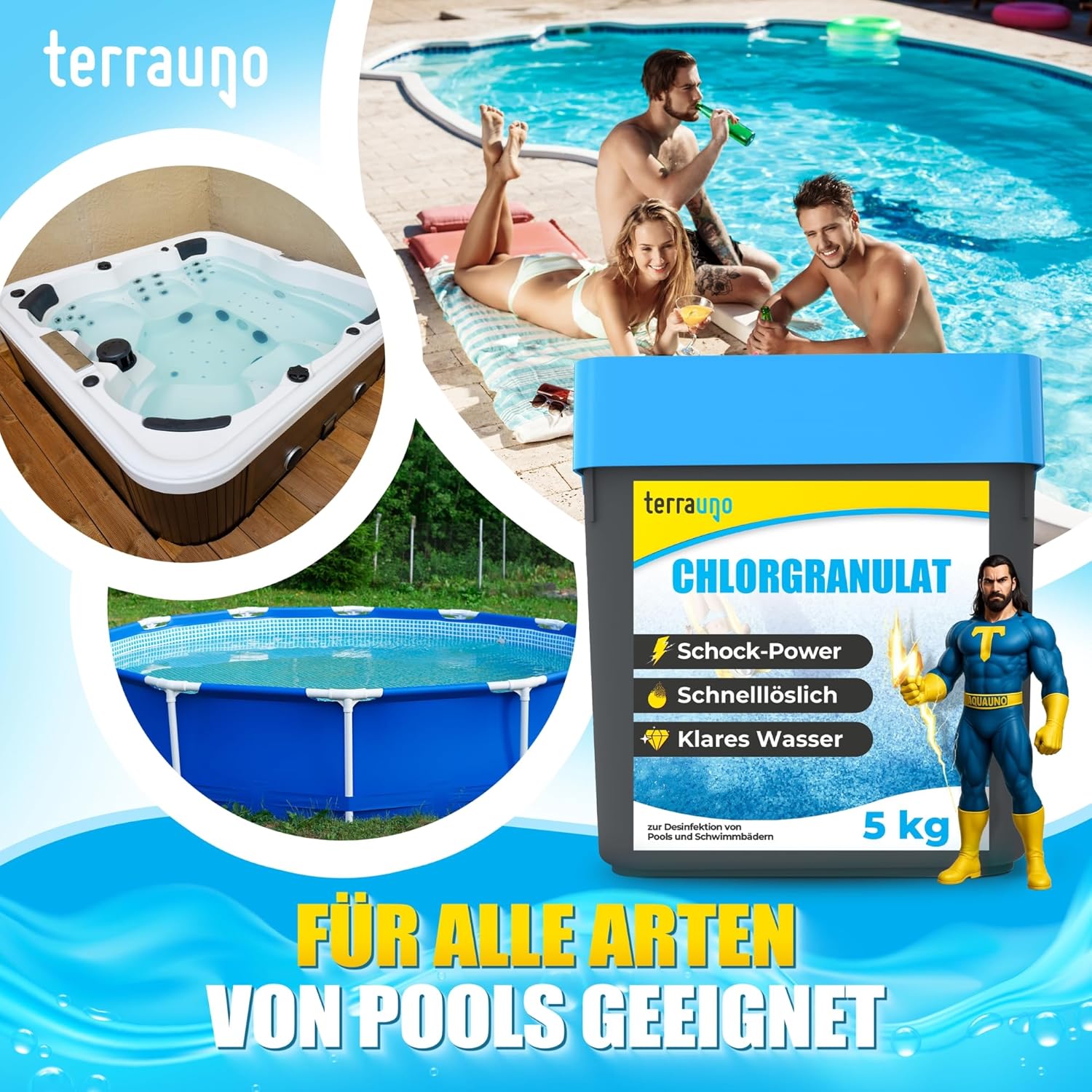 Detalle de TerraUno Chlorgranulat für Pool – Schnelle Schock- und Dauerchlorung, 5 kg