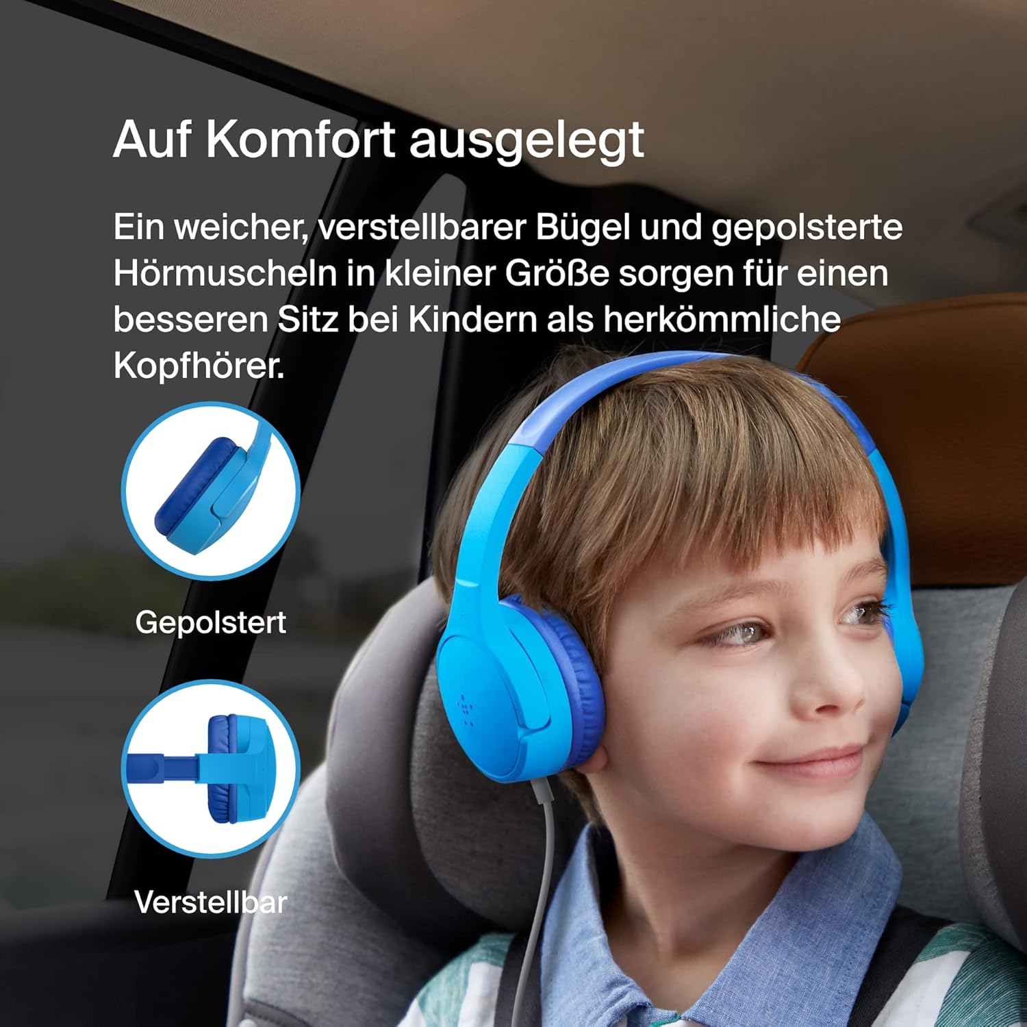 Detalle de Belkin Sound Form Mini On-Ear-Kopfhörer mit Kabel für Kinder – sicherer Klang für Schule, Reisen und Spiel