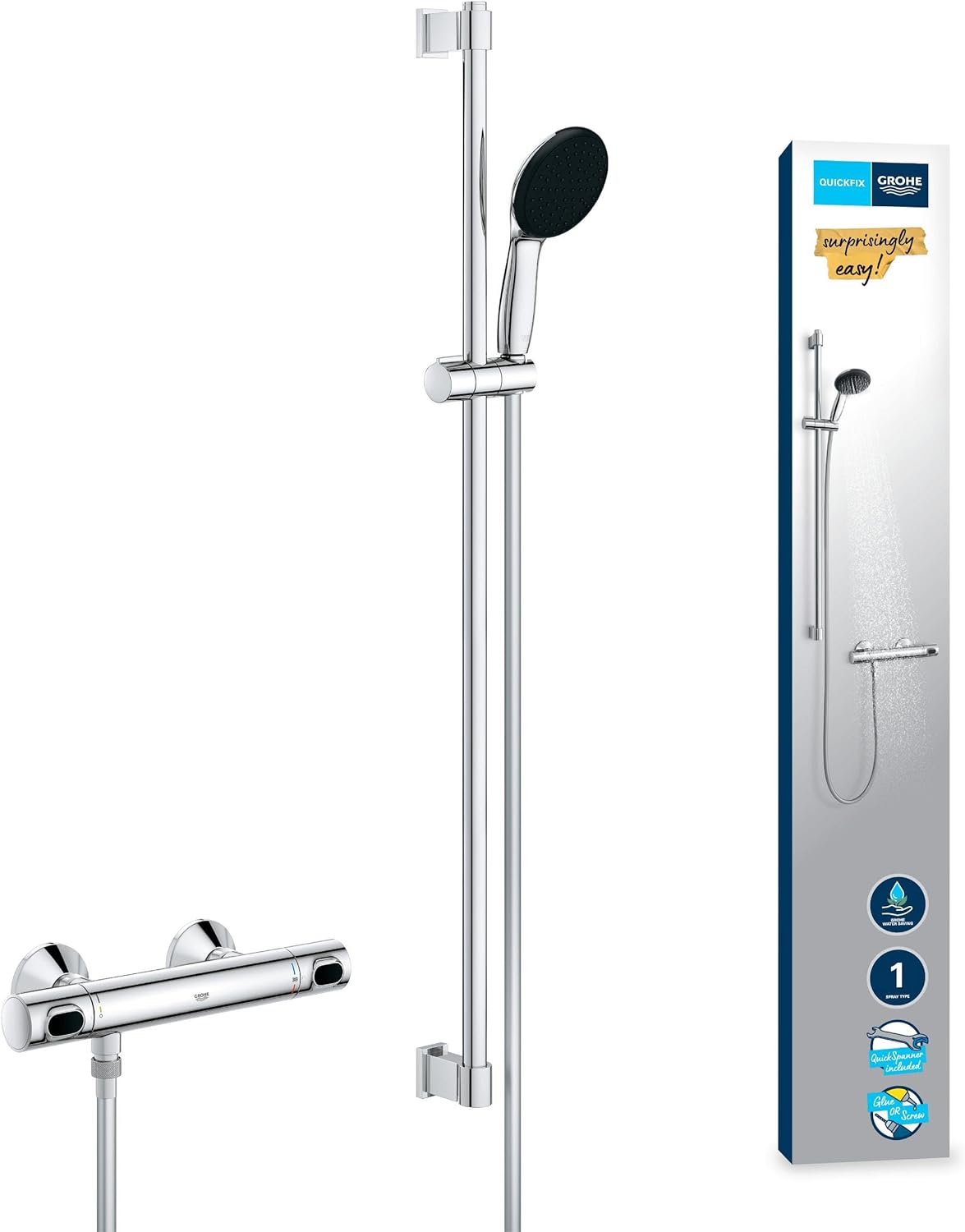 Detalle de GROHE Precision Flow Duschset mit Thermostat – wassersparend, 8 l/min, Chrom