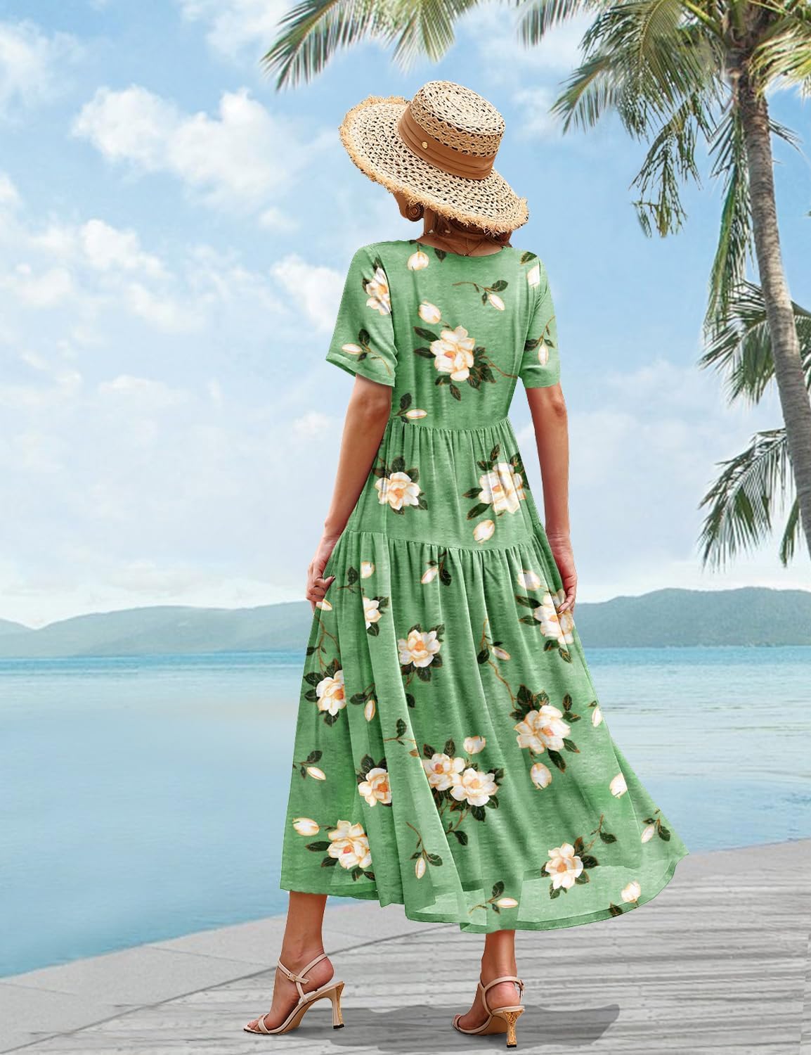 Detalle 2 de YESNO Women Casual Loose Bohemian Floral Dress with Pockets – Maxi Summer Swing