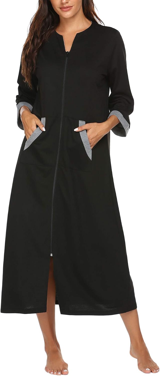 Detalle de Ekouaer Women's Full-Length Zip-Front Robe with 3/4 Sleeves and Pockets