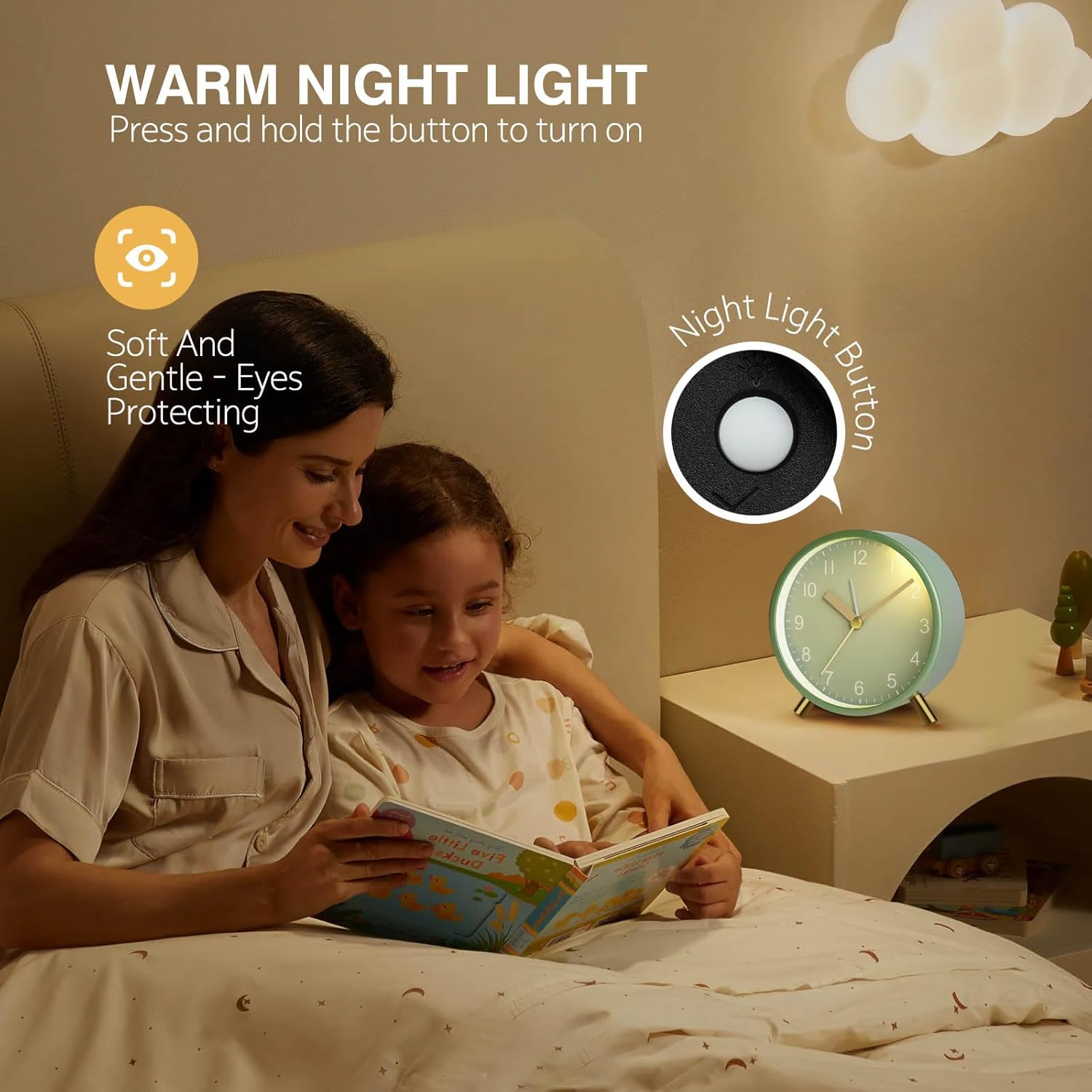 Detalle de Jisile Silent Non-Ticking Battery Alarm Clock with Night Light (Sage Green)