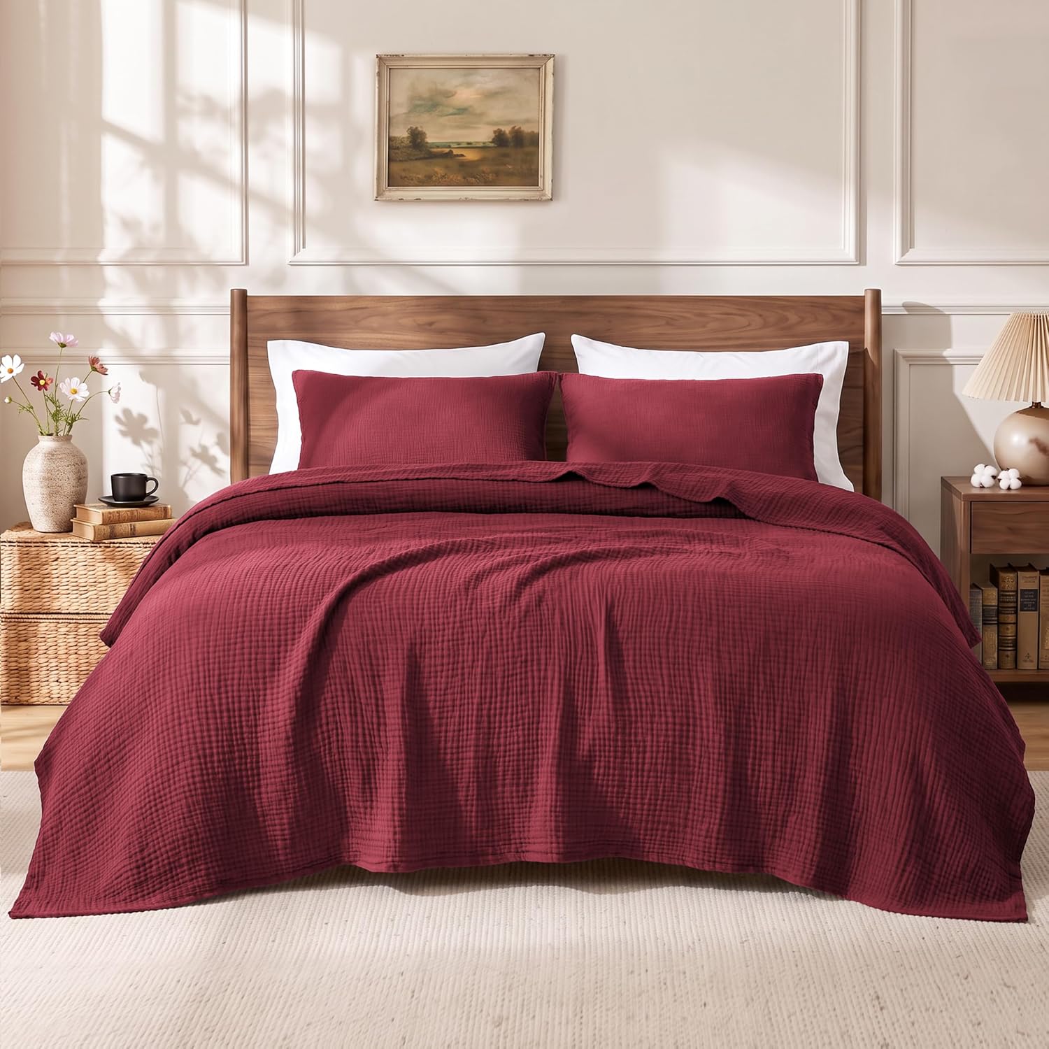 Detalle de Love's Cabin 100% Cotton Muslin Blanket — 6-Layer Lightweight Gauze Queen (90 x 90 Inches), Wine Red