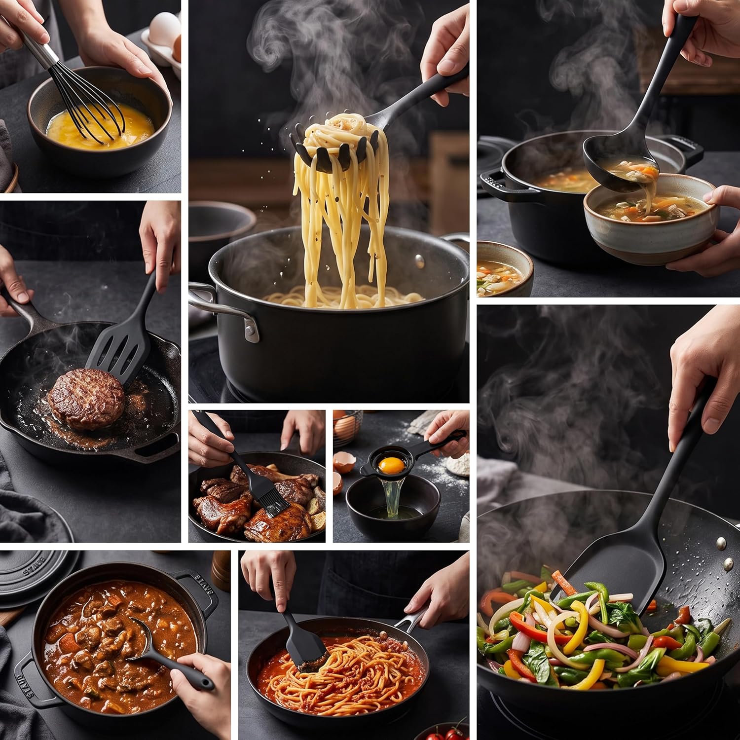 Detalle 2 de AOTHOD Cooking Utensils Black 15-Piece Silicone Set, 446°F Heat Resistant