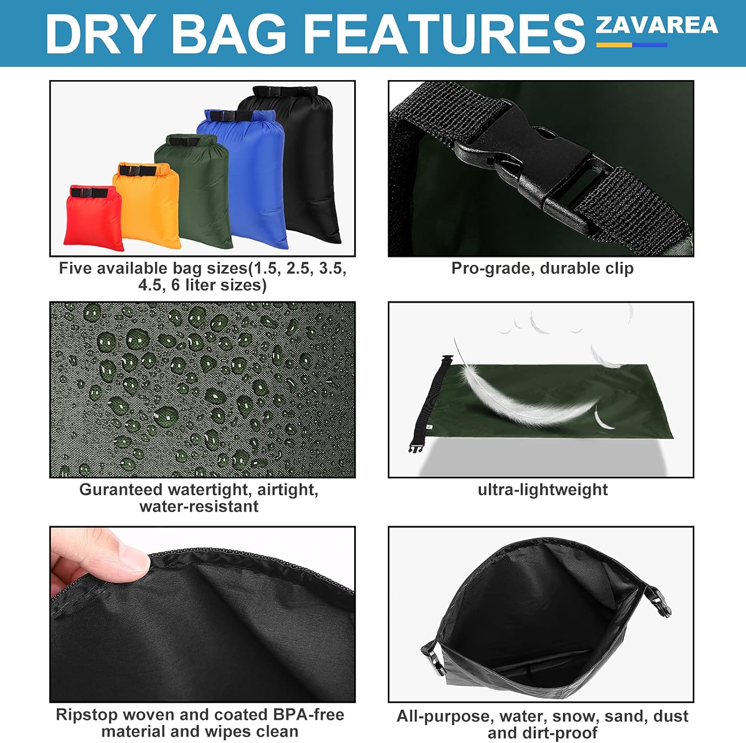 Detalle de Waterproof Dry Bag Set (5-piece) with 1.5L–6L Dry Sacks for Canoeing, Kayaking & Travel