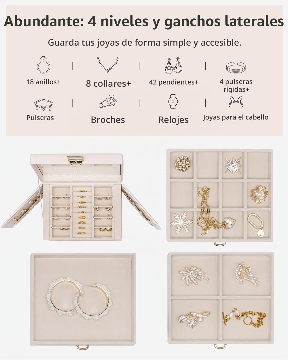 Detalle de Vlando joyero grande 4 niveles beige