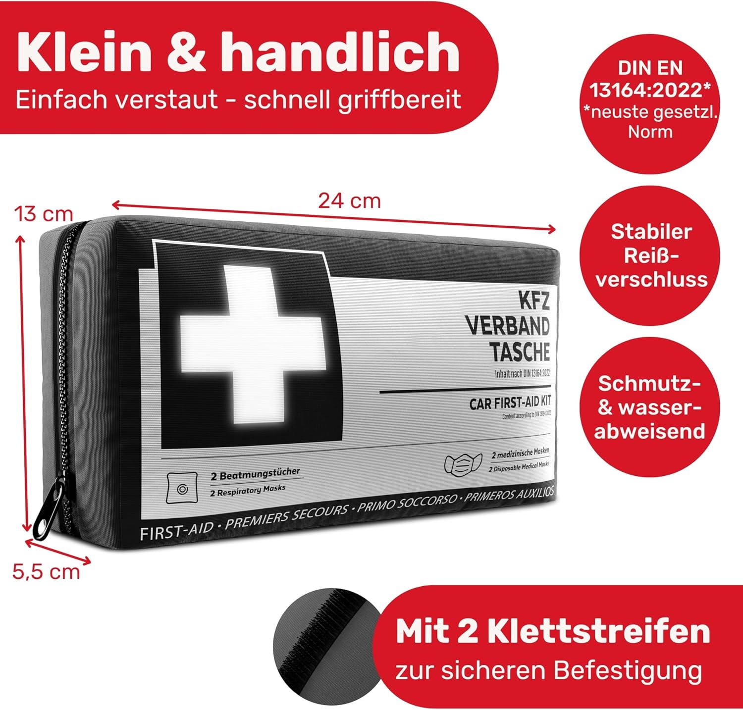 Thumbnail 5 de KFZ Verbandstasche nach DIN 13164:2022 (StVO konform) inkl. Beatmungstüchern – europaweit nutzbar