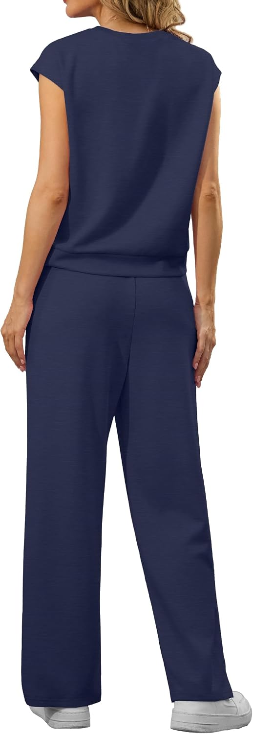 Detalle 1 de GRECERELLE Two Piece Women’s Summer Tracksuit Set – Crew Neck Cap Sleeve Top & Jogging Bottoms with Pockets