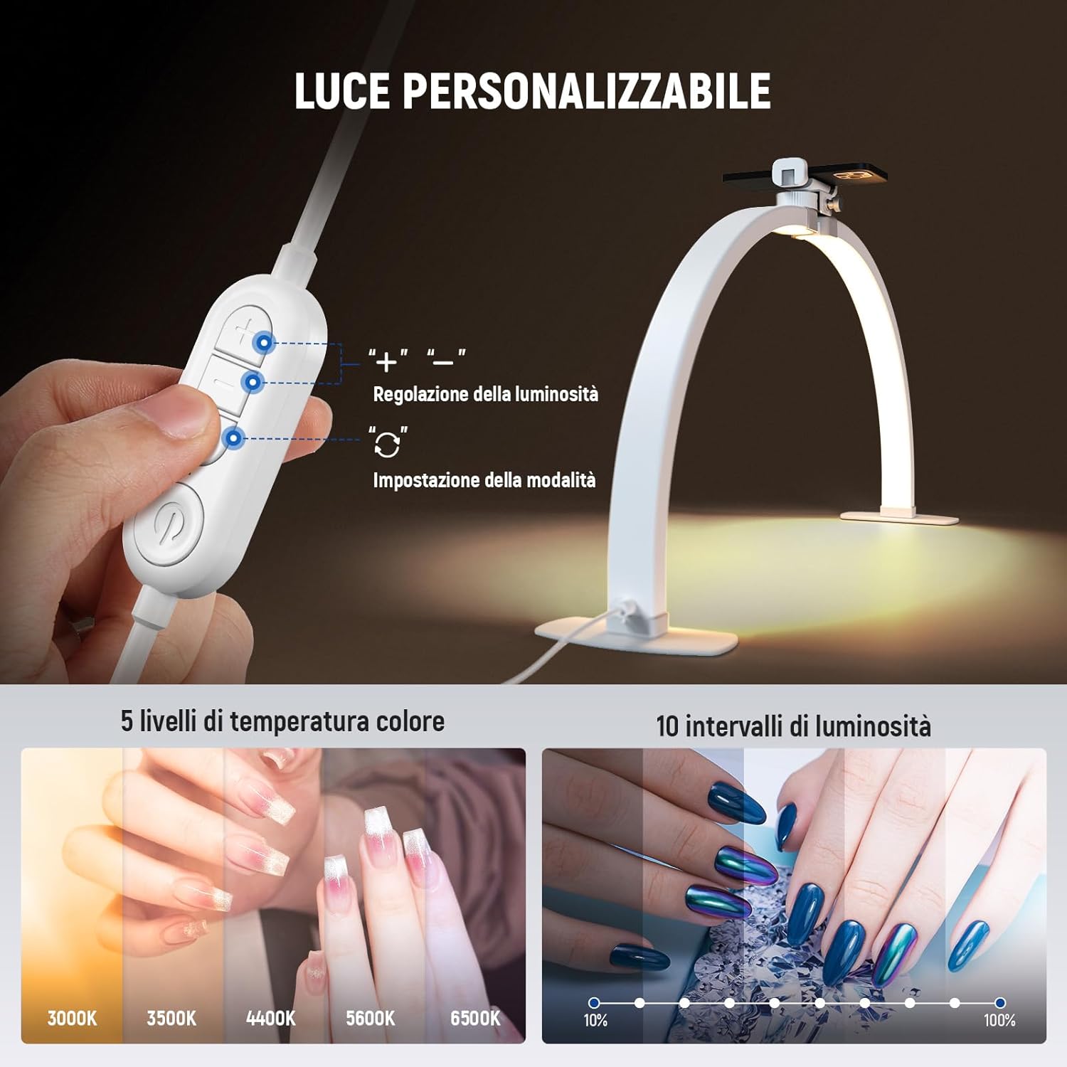 Thumbnail 3 de NEEWER BASICS HM02-D Lampada per unghie a mezzaluna da scrivania LED 29” da 36W con portatelefono