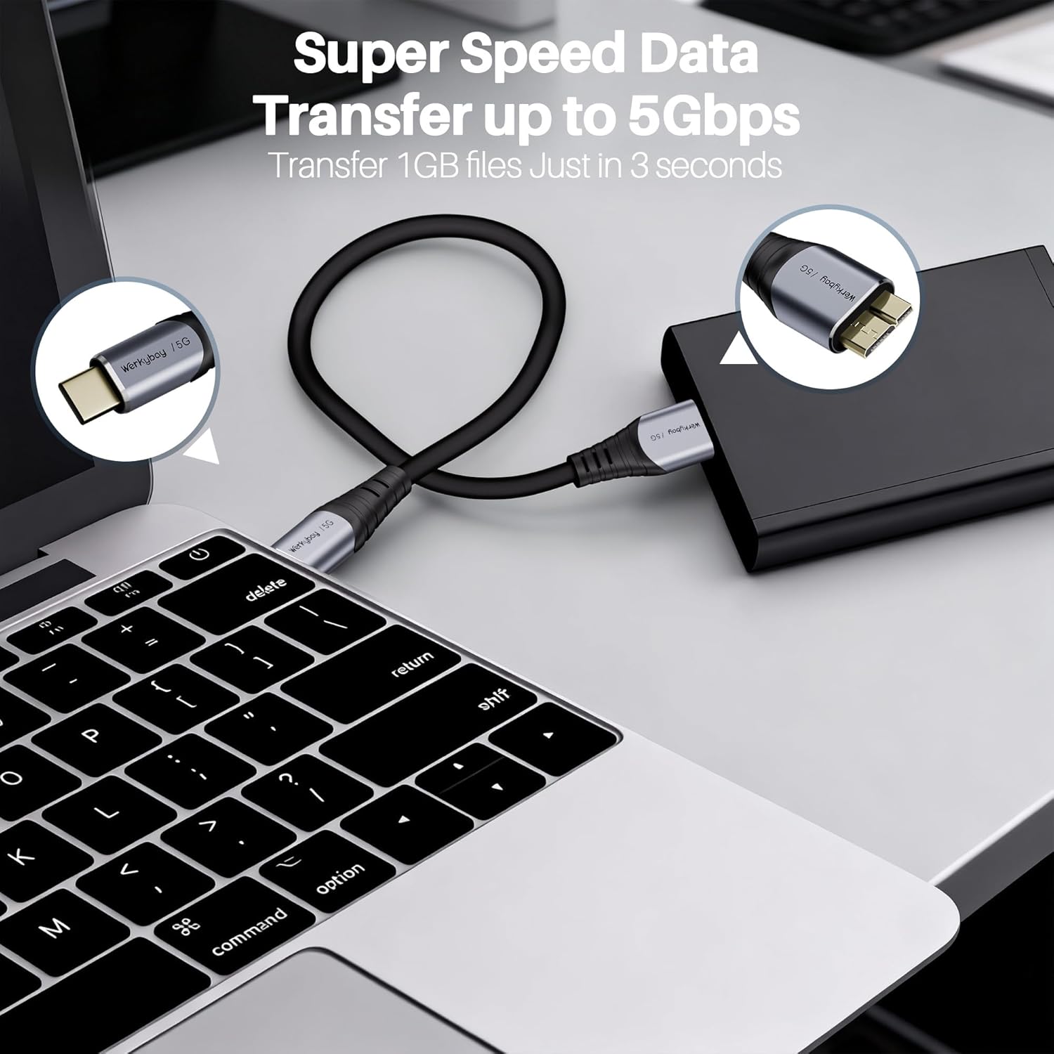 Detalle de Werkybay Micro B 3.0 auf USB C Kabel 2m – robustes USB 3.0 Micro-B zu USB-C Ladekabel