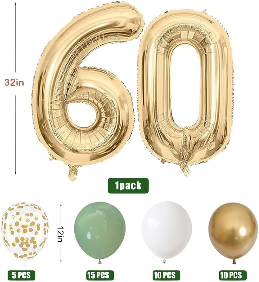 Thumbnail 2 de Luftballon 60. Geburtstag – XXL Folienballon 60 + Dekor-Set in Sage Grün, Weiß und Gold