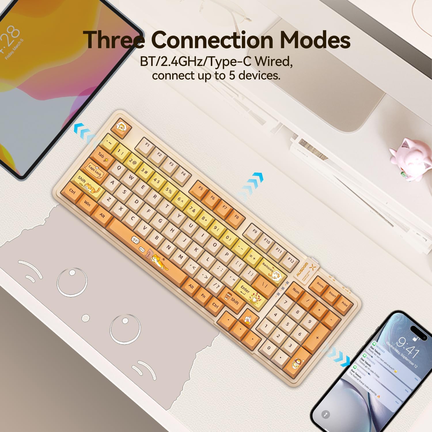 Detalle 2 de AUSDOM 98Pro-Yellow Cat Theme Wireless Mechanical Keyboard, 97-Key