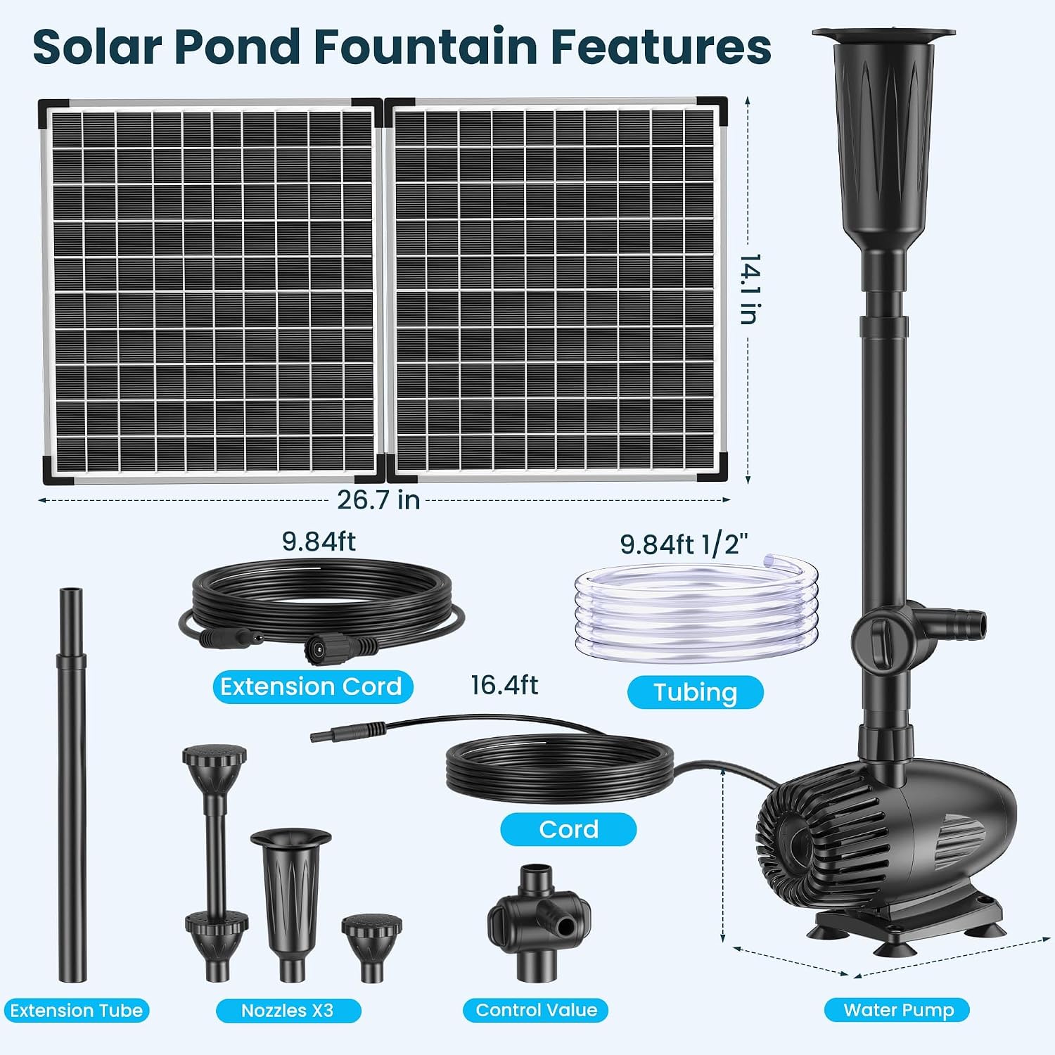 Detalle de Biling 50W Solar Water Fountain with 2100L/H Pump, 3 Nozzles and 8m Cable for Large Garden Ponds