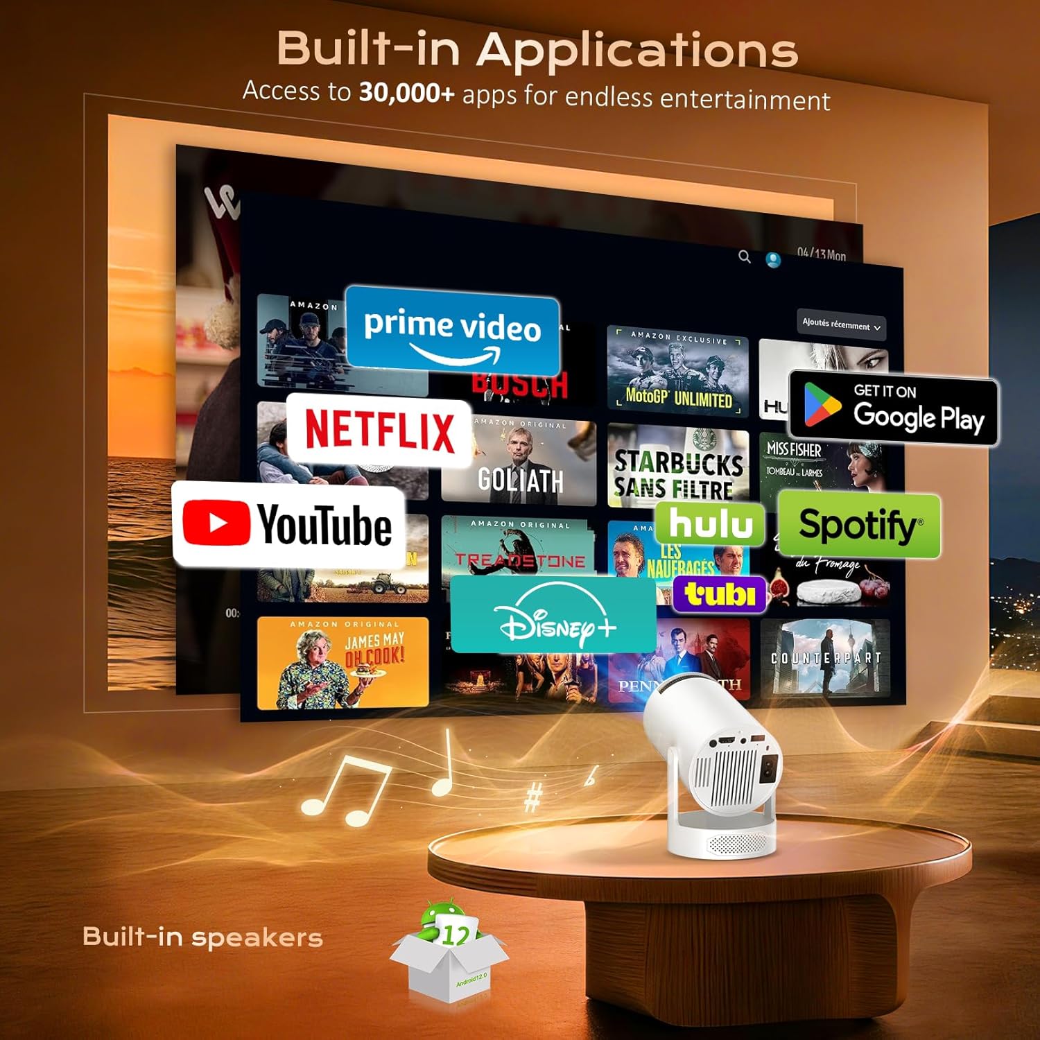 Detalle de Mini Beamer 4K/1080p – Tragbarer Android-Beamer mit WLAN 6, Bluetooth 5.4 und 270° Drehsockel
