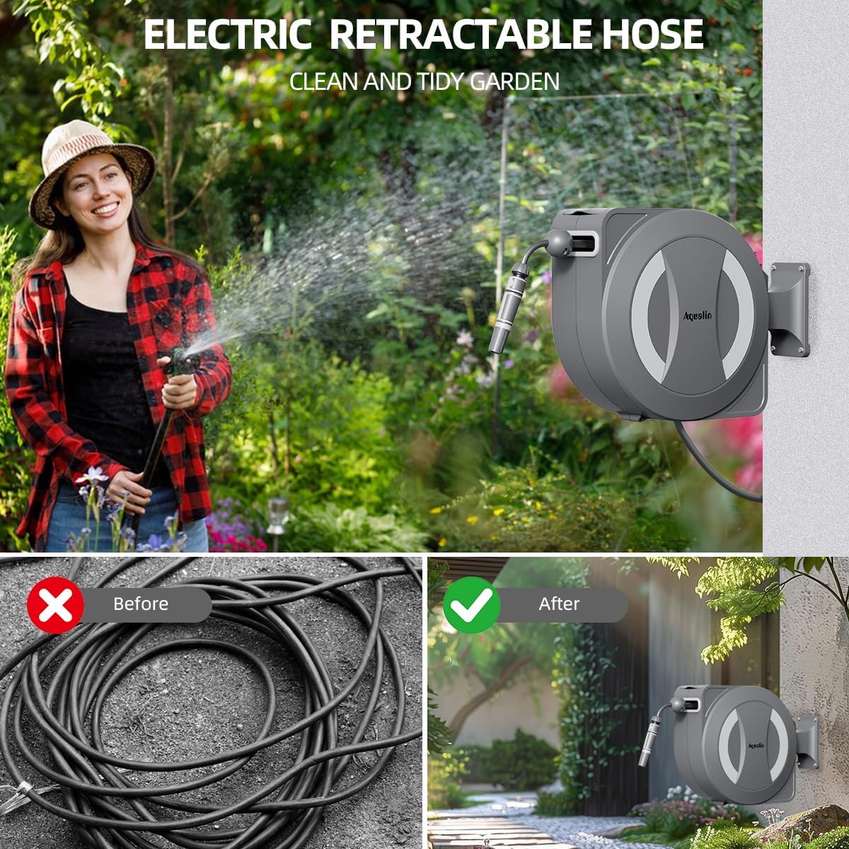 Thumbnail 4 de Aqualin Avvolgitubo Retrattile Elettrico a Batteria 30m+2m: Rotazione 180° e Auto-Lock per Giardino