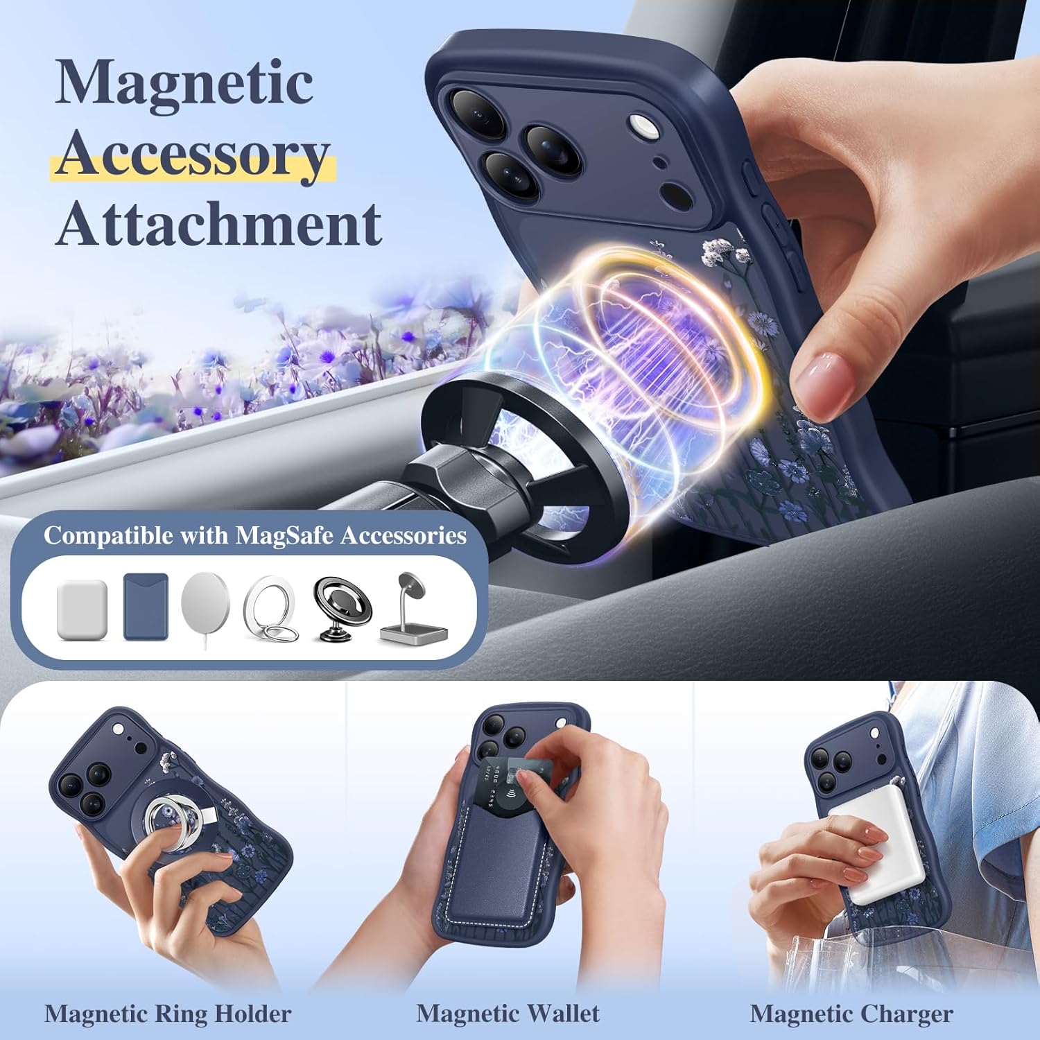 Thumbnail 3 de GVIEWIN iPhone 17 Pro MagSafe Case (6.3-inch) – Curly Wave Edge Floral Translucent Shockproof Cover