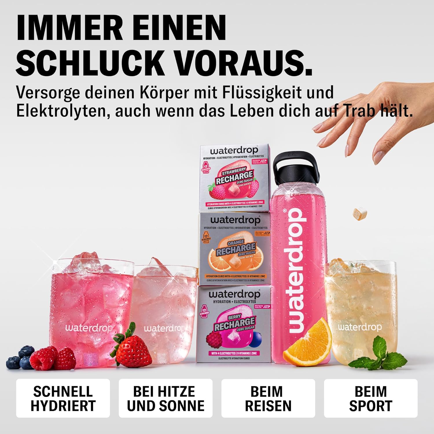 Detalle 2 de waterdrop Elektrolyte-Mix – 36 Drops Würfel mit Magnesium, Kalzium, Natrium + Zink – Zuckerfrei, vegan, in Orange, Erdbeere & Berry