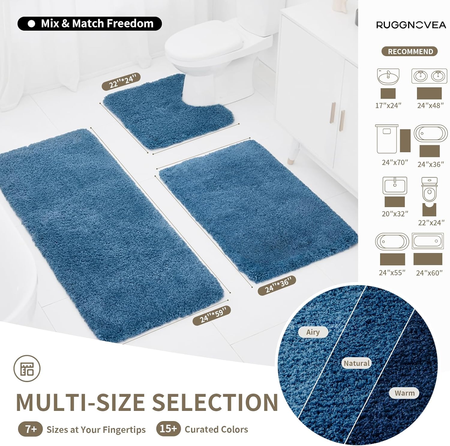 Detalle 2 de Ruggnovea Blue Bath Rug 32x20 — Ultra-Soft Non-Slip Microfiber Mat