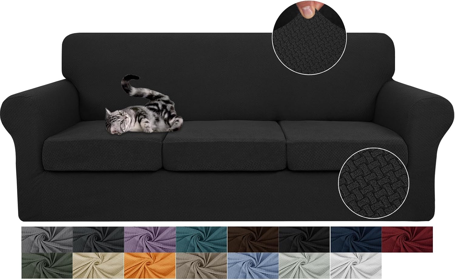 Detalle de JIVINER 021 4-Piece Sofa Cover for 3 Cushions, Stretch Jacquard, Black