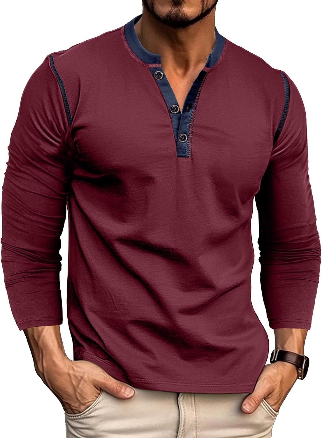 Thumbnail 6 de Henley Shirt Herren Langarm T-Shirt mit V-Ausschnitt