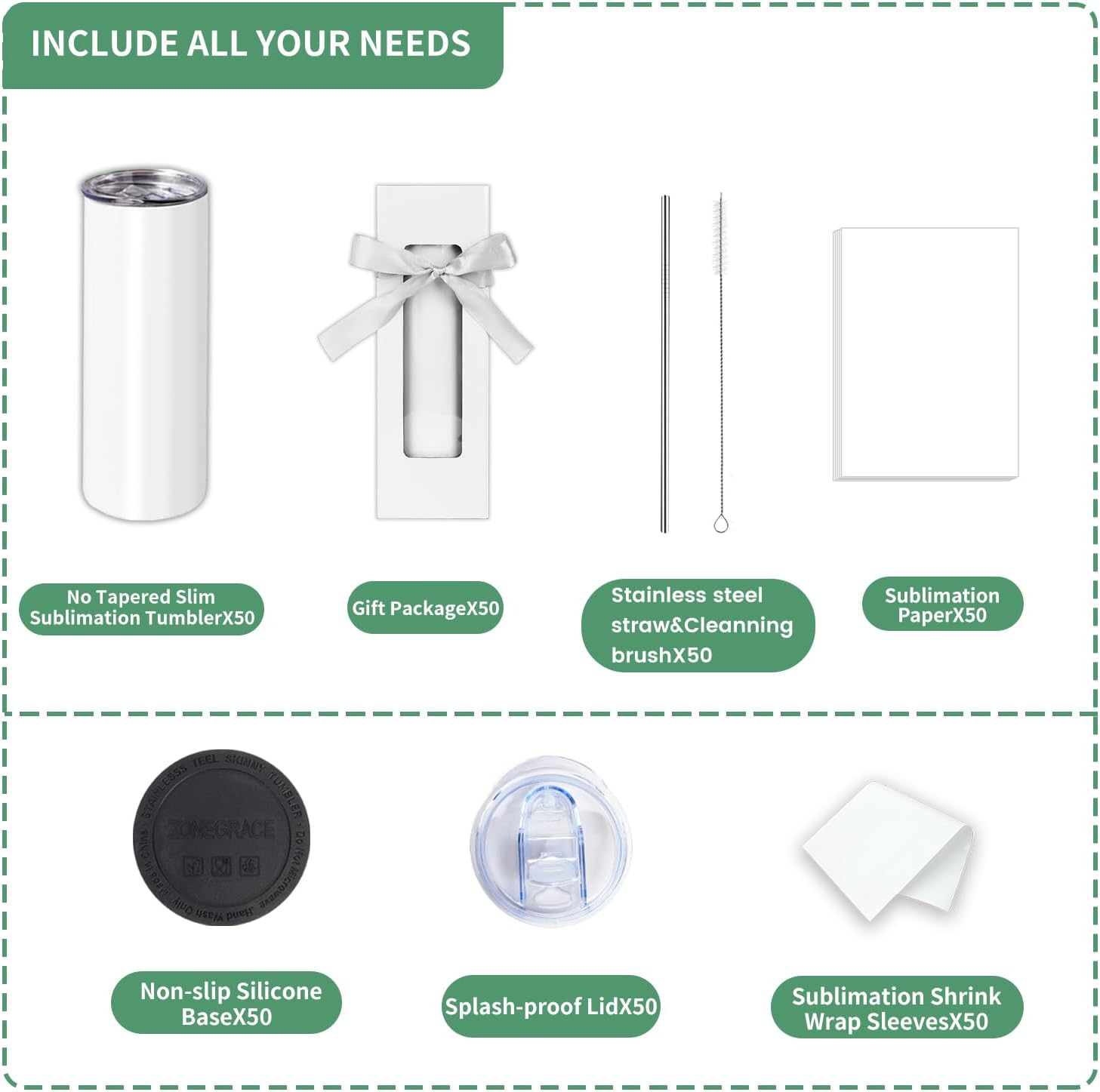 Thumbnail 1 de ZONEGRACE 50-Pack 20 oz Skinny Sublimation Tumblers (Straight) with Lids