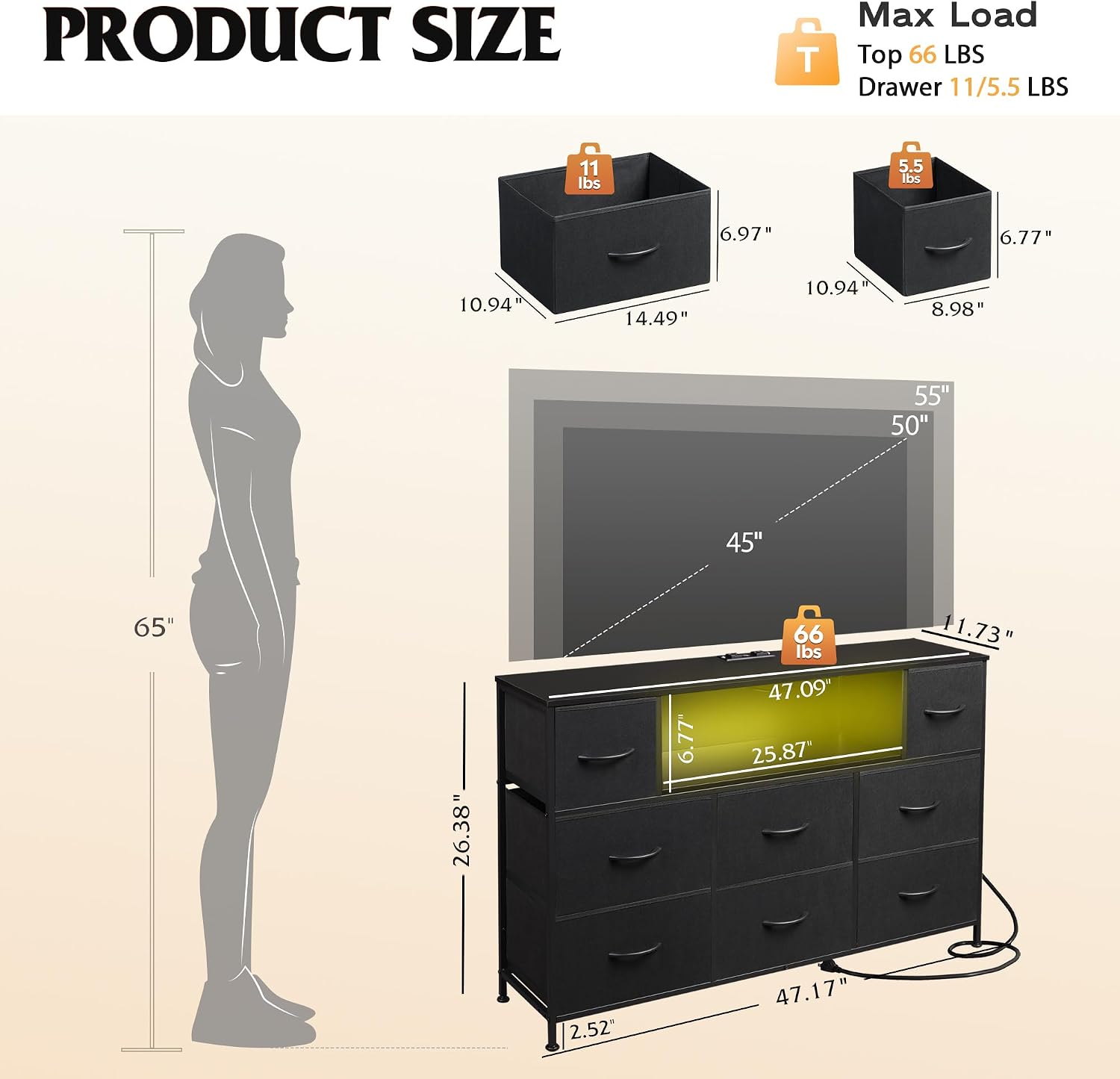 Detalle de WLIVE ASNG200 LED Dresser TV Stand, 8 Fabric Drawers, Black