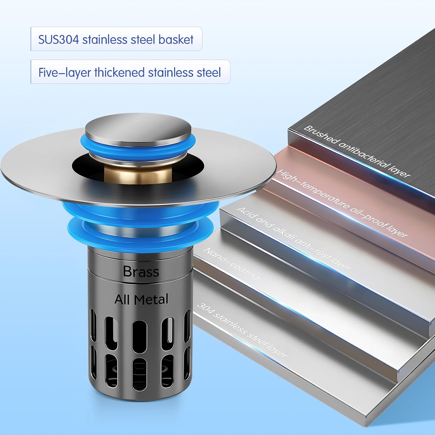 Detalle de Bathroom sink stopper with stainless steel filter basket
