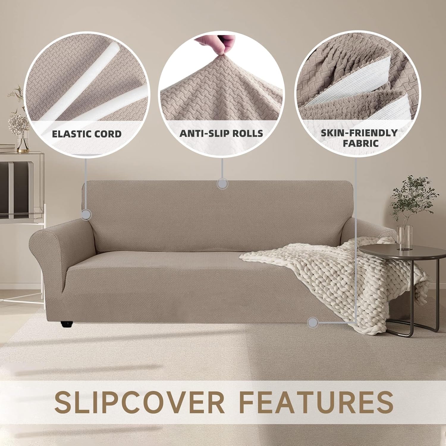 Thumbnail 5 de Ystyle housse de canapé extensible 4 places avec accoudoirs (universelle) – tissu jacquard façon moderne, sable